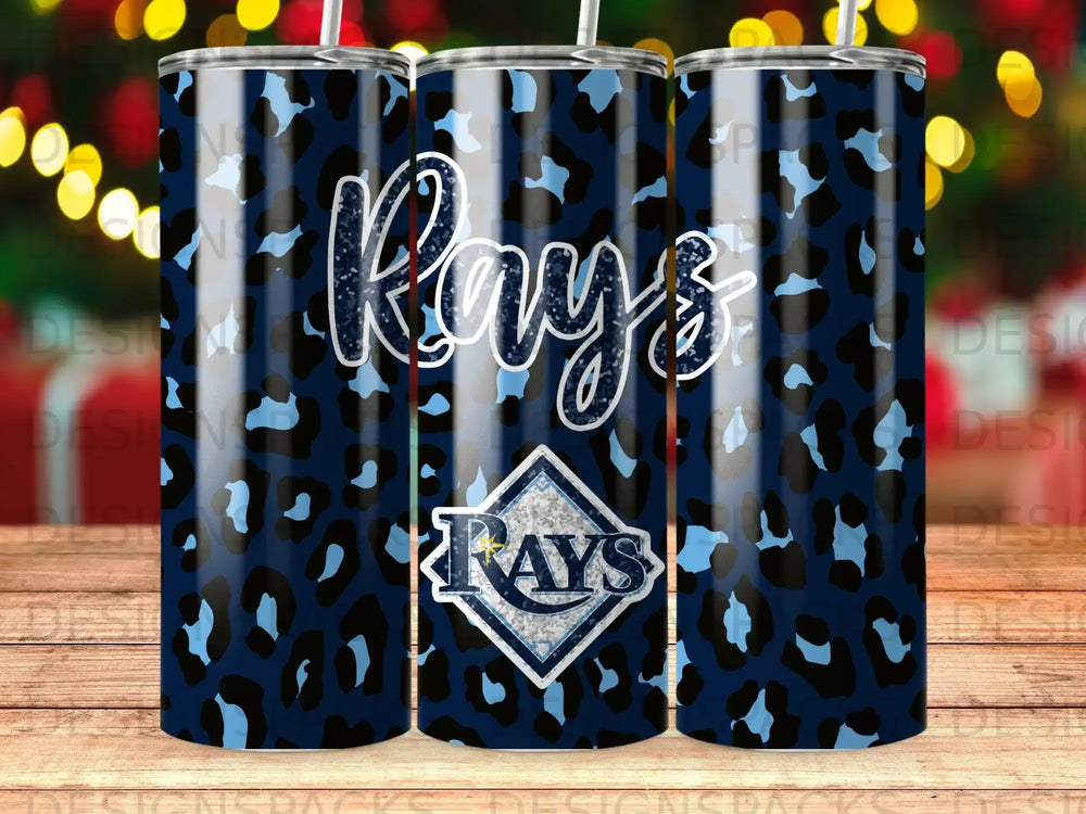 Blue tumbler with leopard print and Tampa Bay Rays logo.