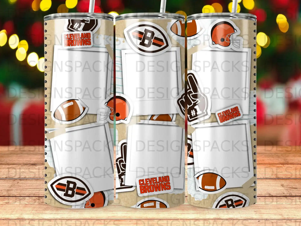 Cleveland Browns tumbler with football and team logo designs.