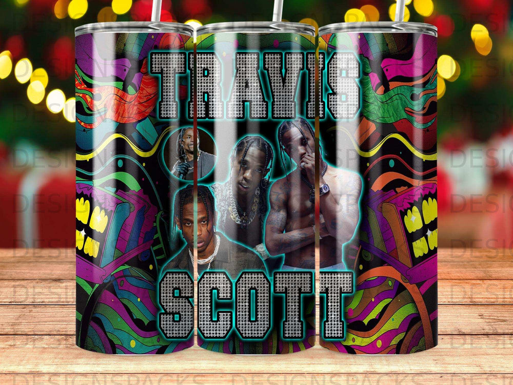Travis Scott album art tumbler with green, purple, and yellow psychedelic pattern.