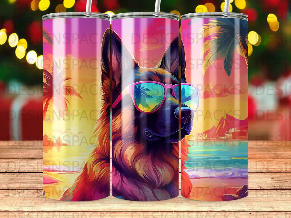 German Shepherd wearing sunglasses against a vibrant sunset background.