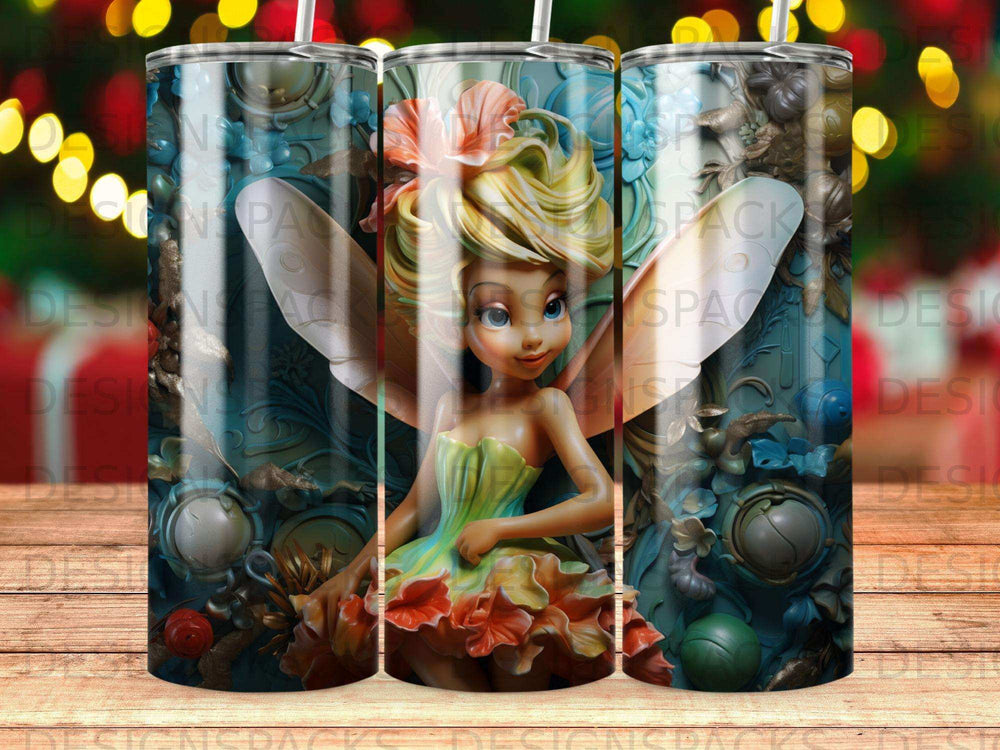 Fairy Tinkerbell in a green dress with floral accents on a patterned background.