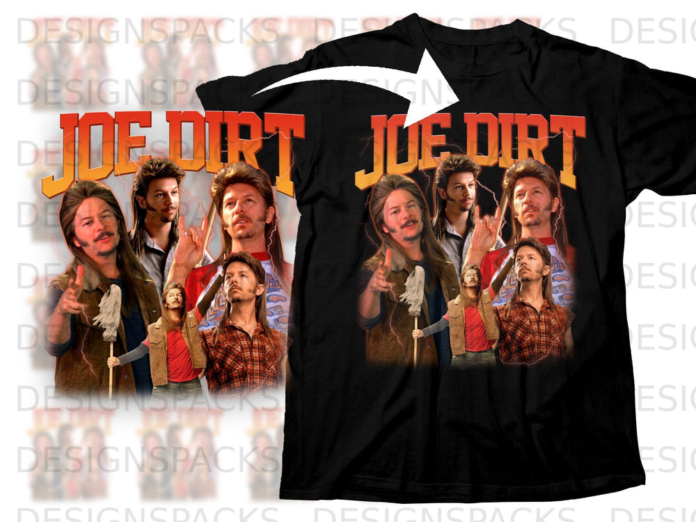 Black t-shirt with "Joe Dirt" text and movie characters with mullets.