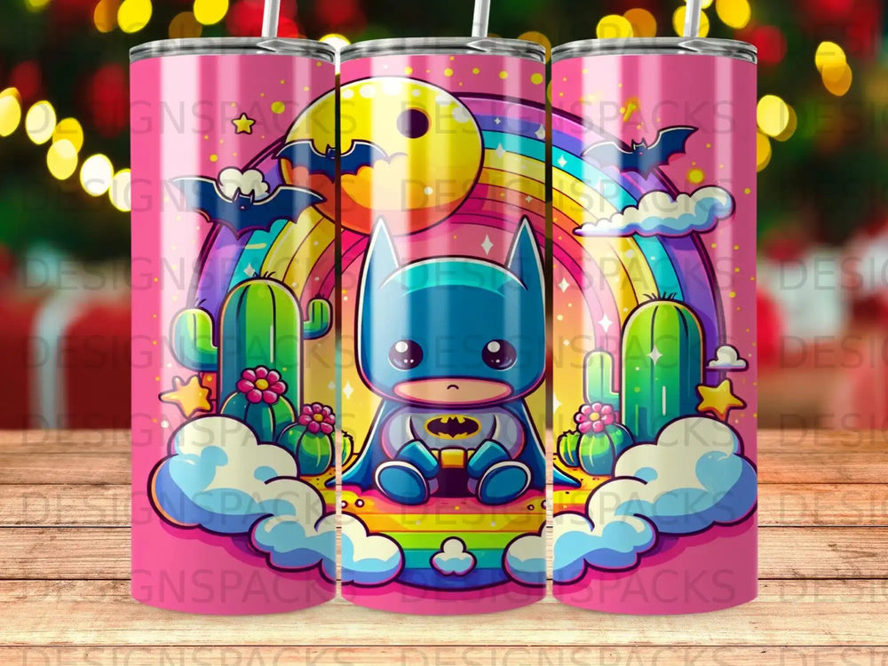 Chibi Batman sitting on rainbow with desert scene and colorful sky.