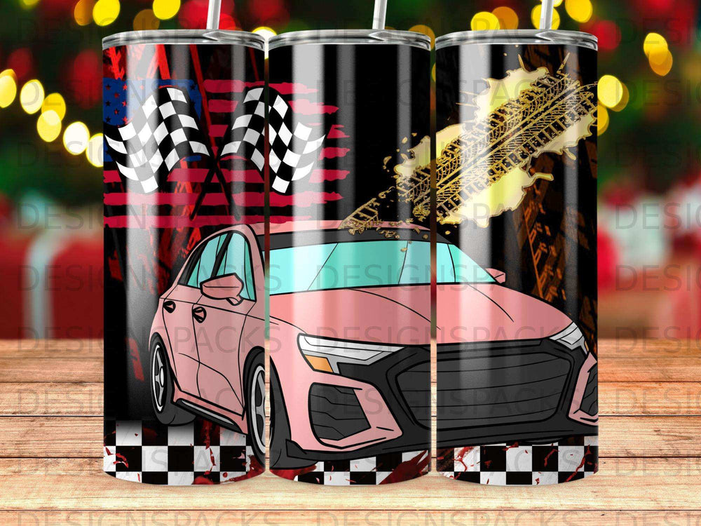 Pink car with checkered flags and tire tracks, race themed tumbler design.