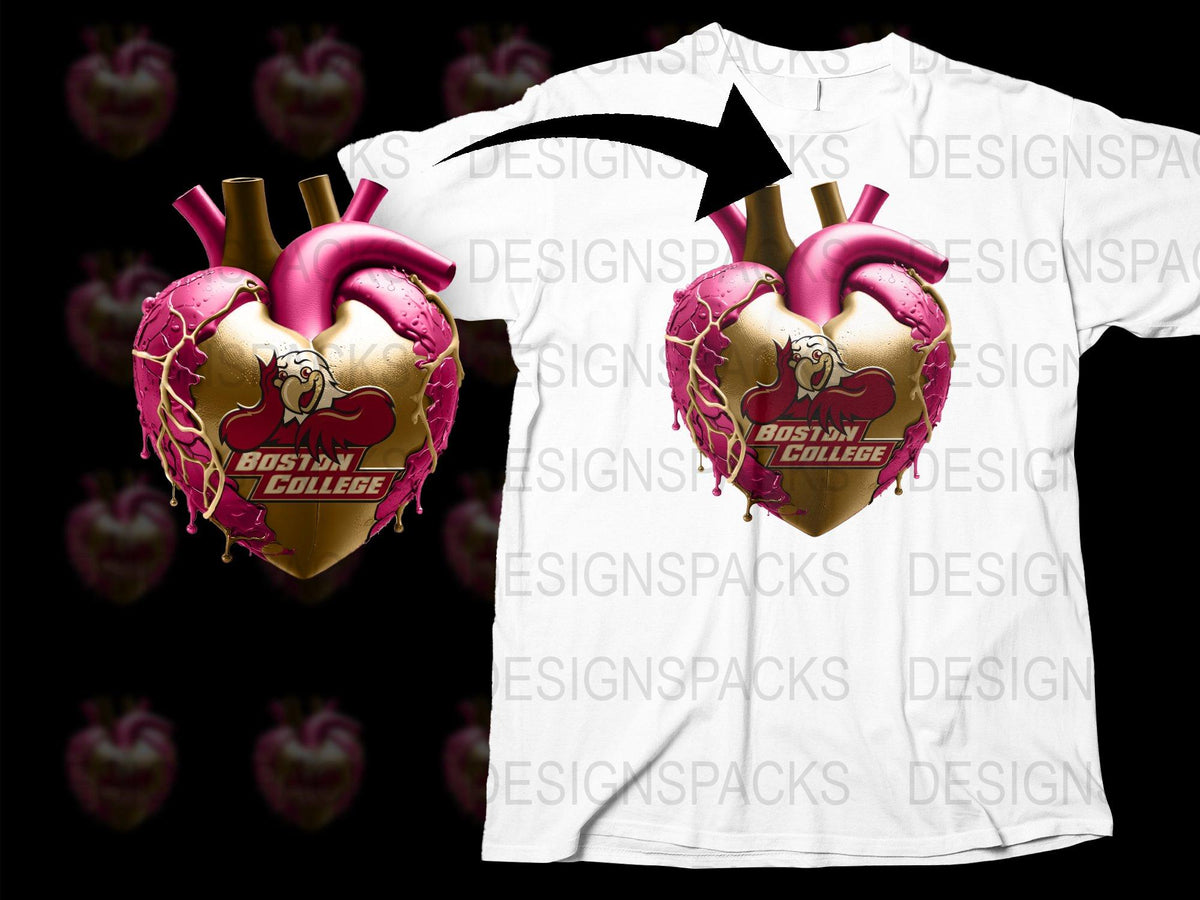 Boston College Heart Graphic T-Shirt, Bold Pink Dripping Heart Design, College Apparel