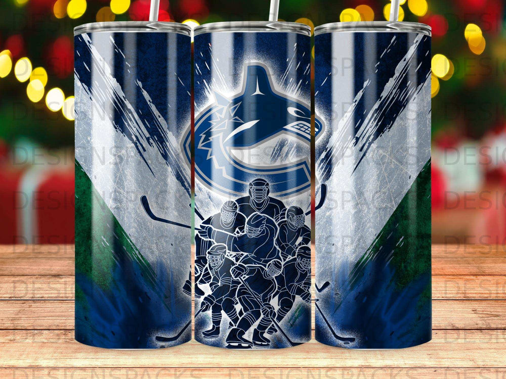 Vancouver Canucks hockey team logo and players on a blue and green gradient tumbler.