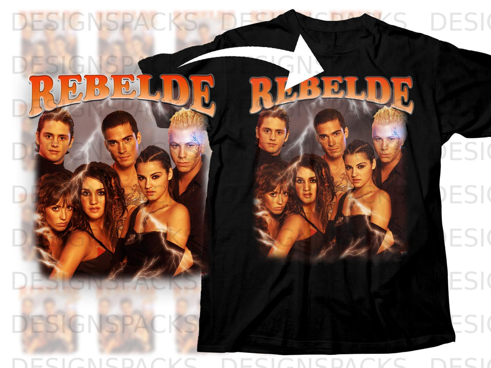 Black t-shirt with "REBELDE" text and a montage of six young adults.