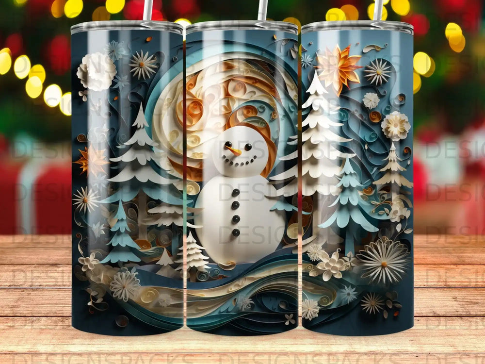 Snowman and winter trees on a cylindrical tumbler design.