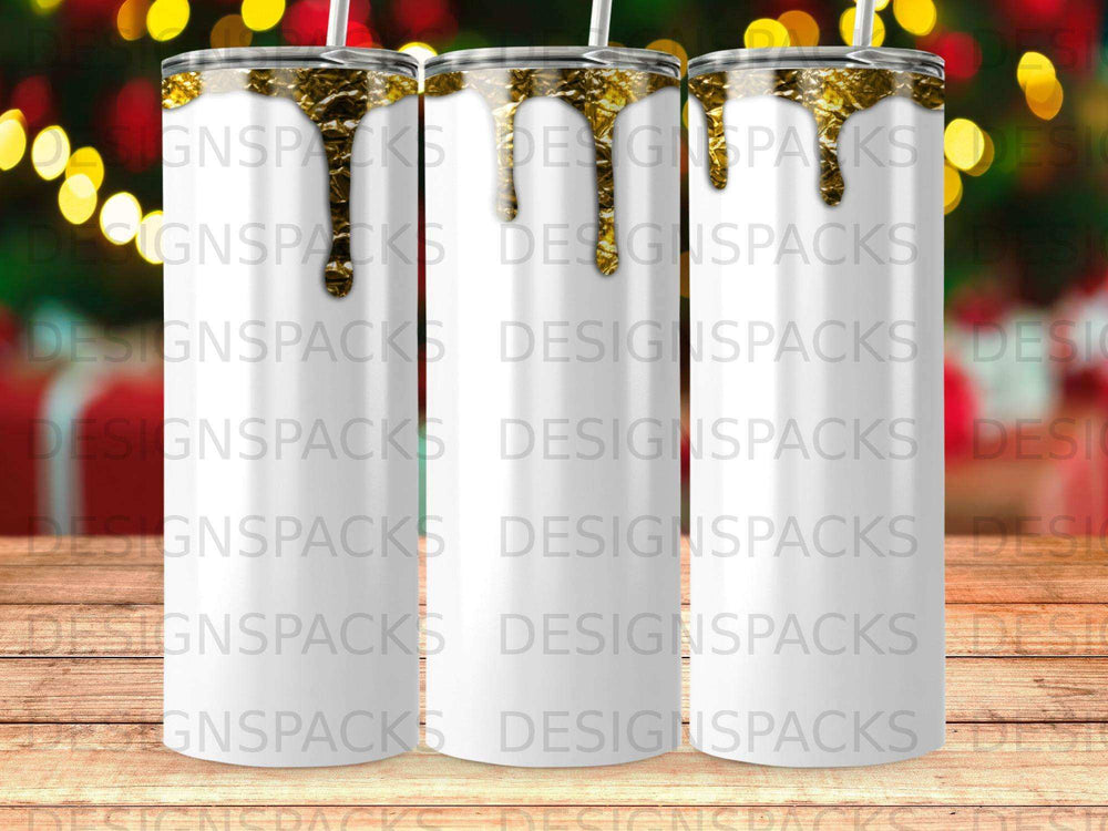 White tumbler with gold drippings and a repeating "DESIGNSPACKS" watermark.