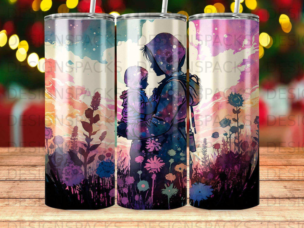 Silhouette of parent holding child against floral sunset background.