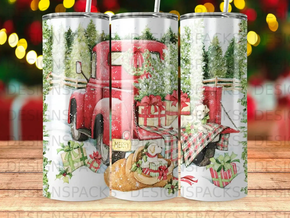 Red vintage truck with Christmas tree and gifts, dog in basket.