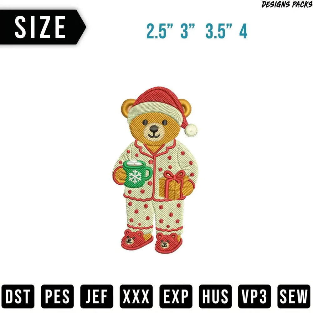 Bear in pajamas holding mug and gift box, with size and file type options.