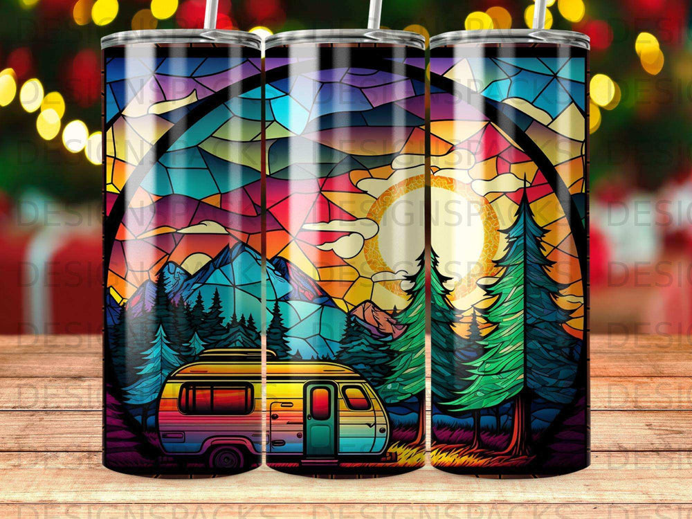 Stained glass sunset over mountains with camper and pine trees.