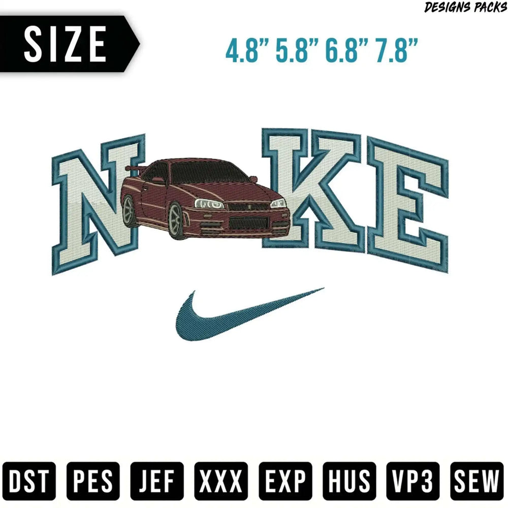 Embroidery design of a car within Nike logo; sizes and file formats listed.