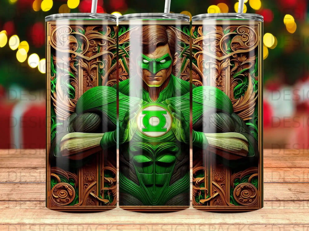 Green Lantern character with ornate golden background and blurred bokeh lights.