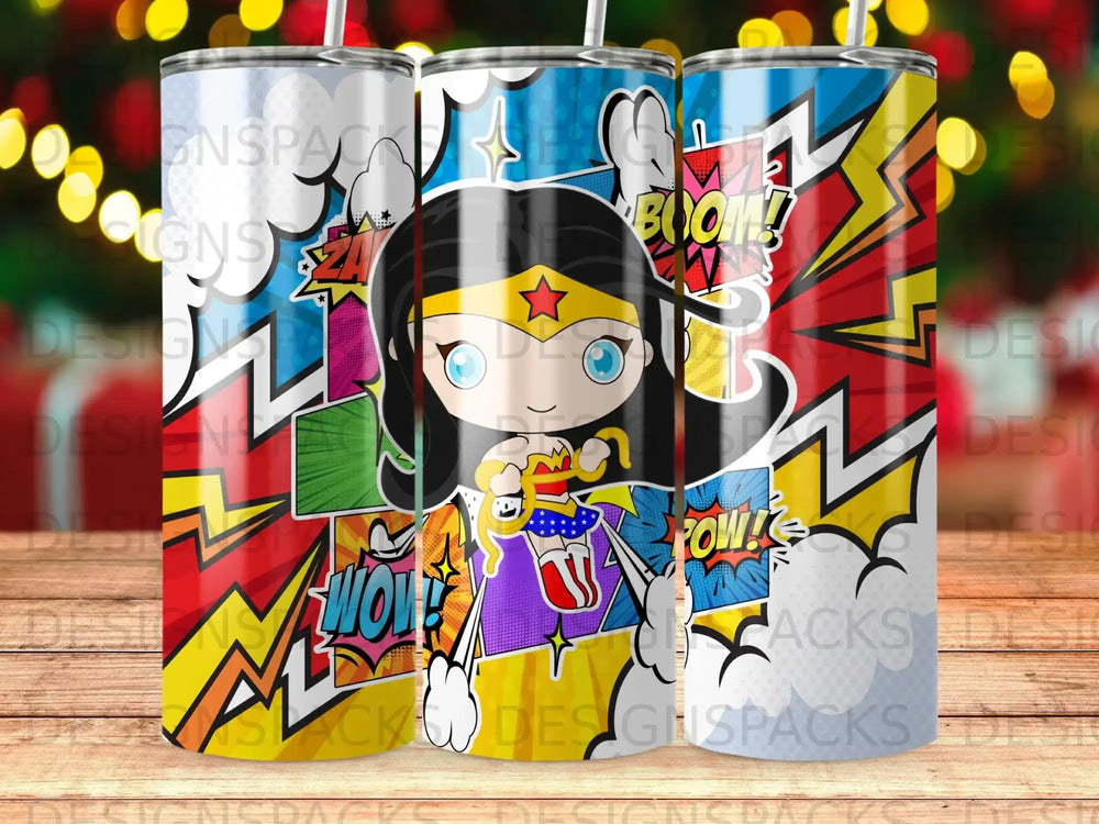 Chibi Wonder Woman on a comic book background with "POW!" and "BOOM!" text.