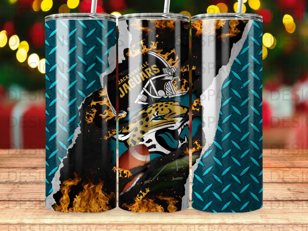 Jacksonville Jaguars football helmet and logo with flames and torn metal texture.