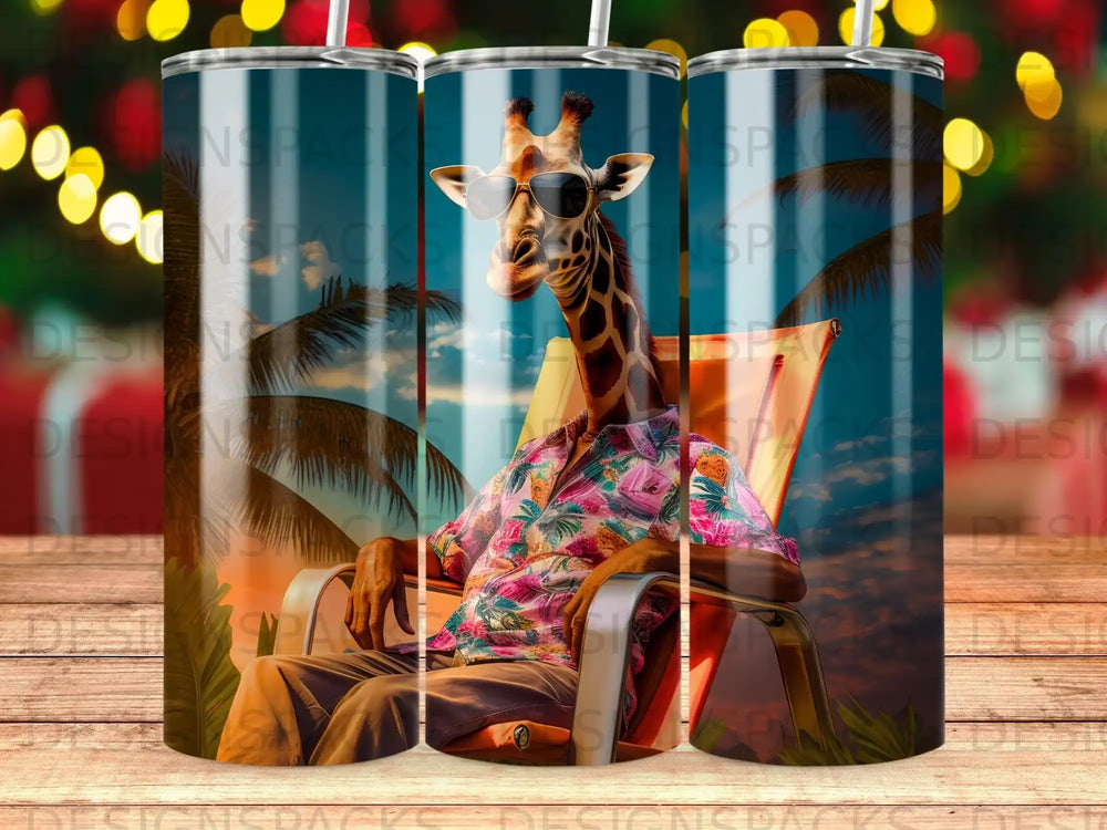 Giraffe wearing sunglasses and a floral shirt lounging in a chair.