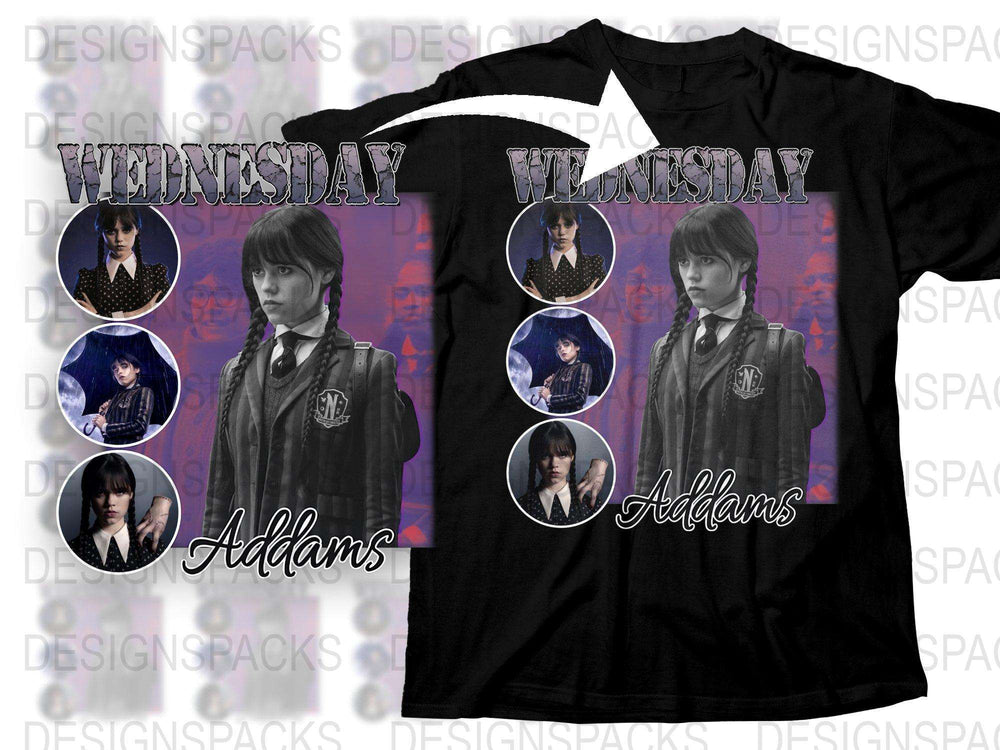 Wednesday Addams Graphic T-Shirt, Fan Art Tee, Gothic Style, Character Collage, Black Shirt, Casual Fashion, Unisex Fit