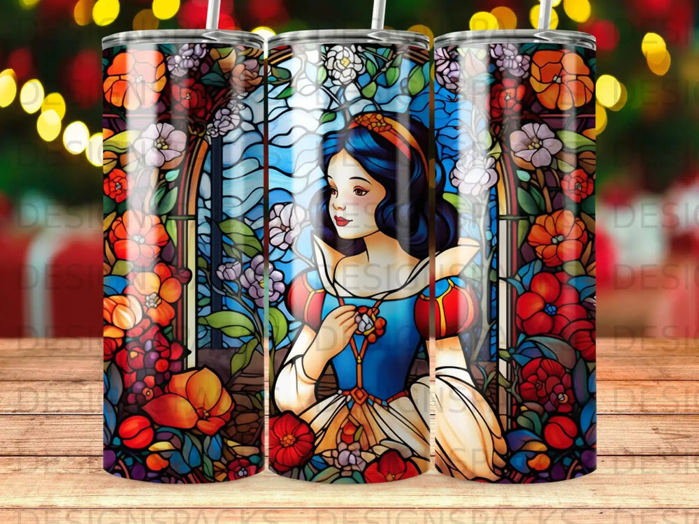 Snow White in stained glass surrounded by flowers and trees.