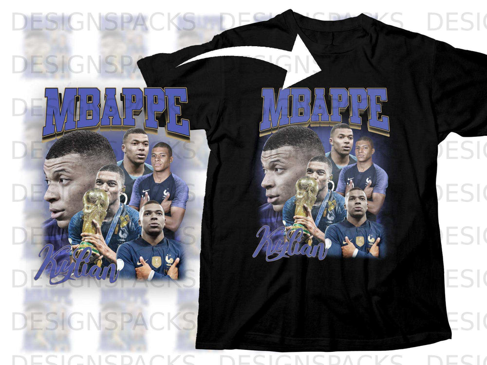 Kylian Mbappé and trophy collage on a black t-shirt.
