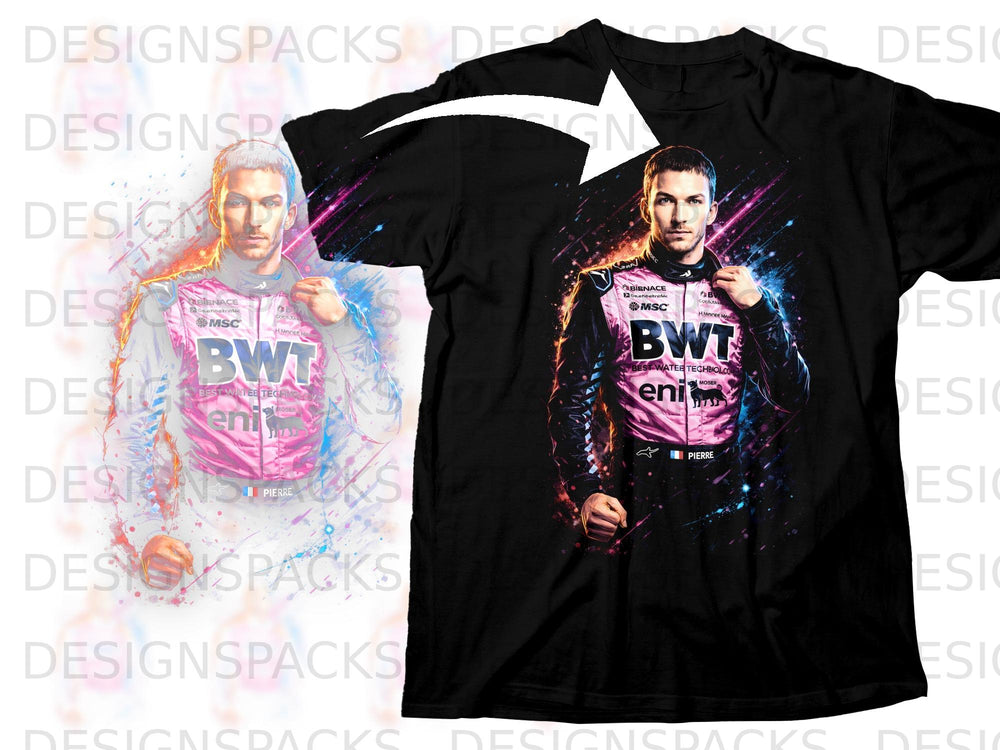 Pierre Gasly in racing suit with BWT logo on a black t-shirt.