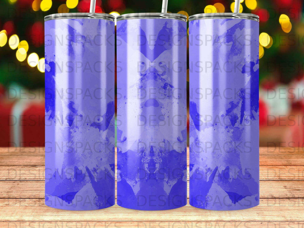 Three tumblers with blue watercolor design, overlaid with "DESIGNSPACKS" watermark.