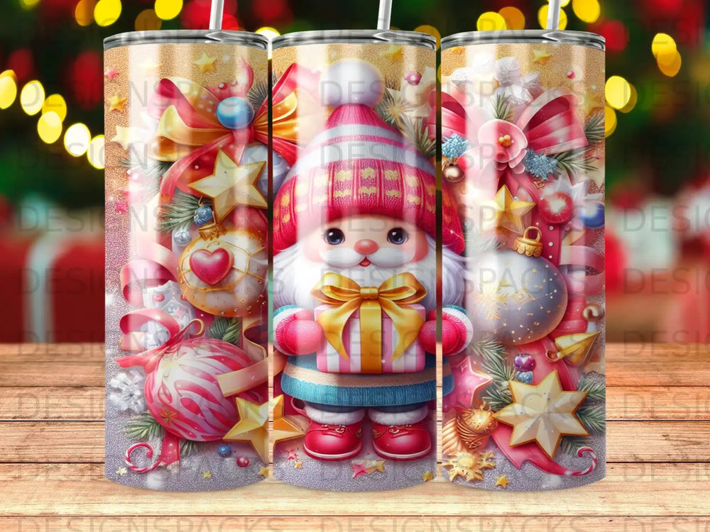 Santa Claus in a pink hat and scarf holds a gift, surrounded by Christmas ornaments and decorations.