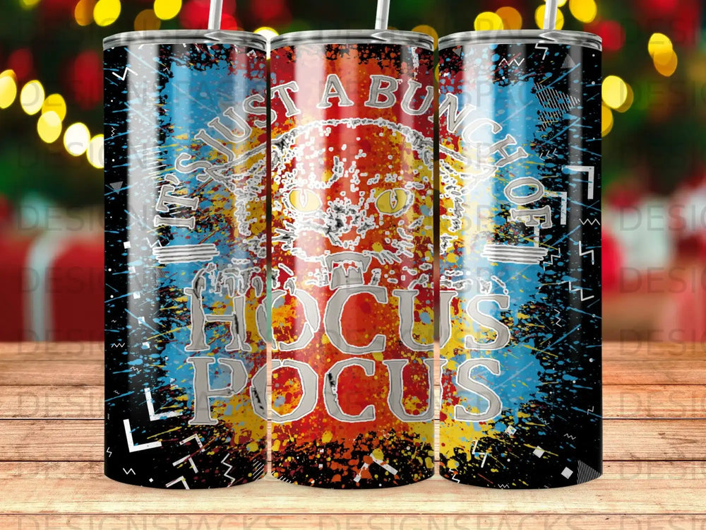 Black tumbler with Hocus Pocus text and Jack O'Lantern graphic.