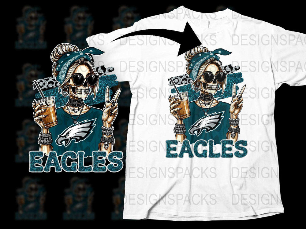 Philadelphia Eagles Fan T-Shirt, Skull Design with Drink and Football, Sports Apparel