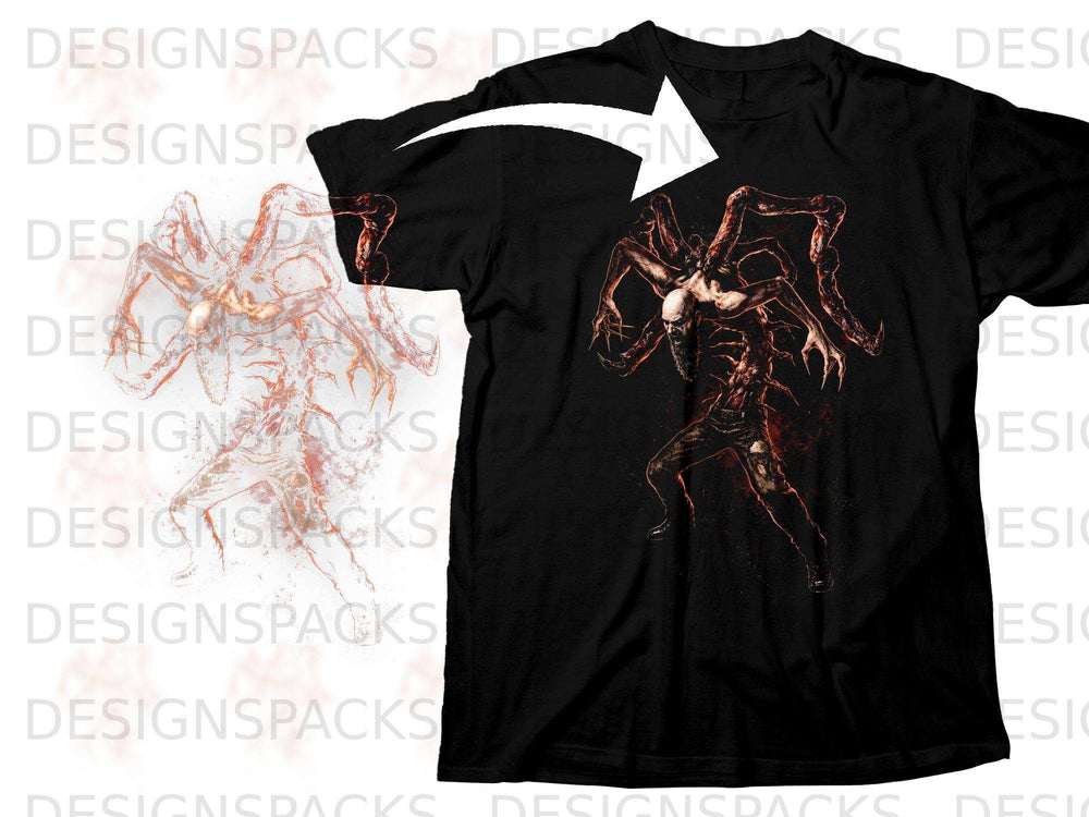 Black t-shirt featuring a graphic of a monstrous spider-like creature.