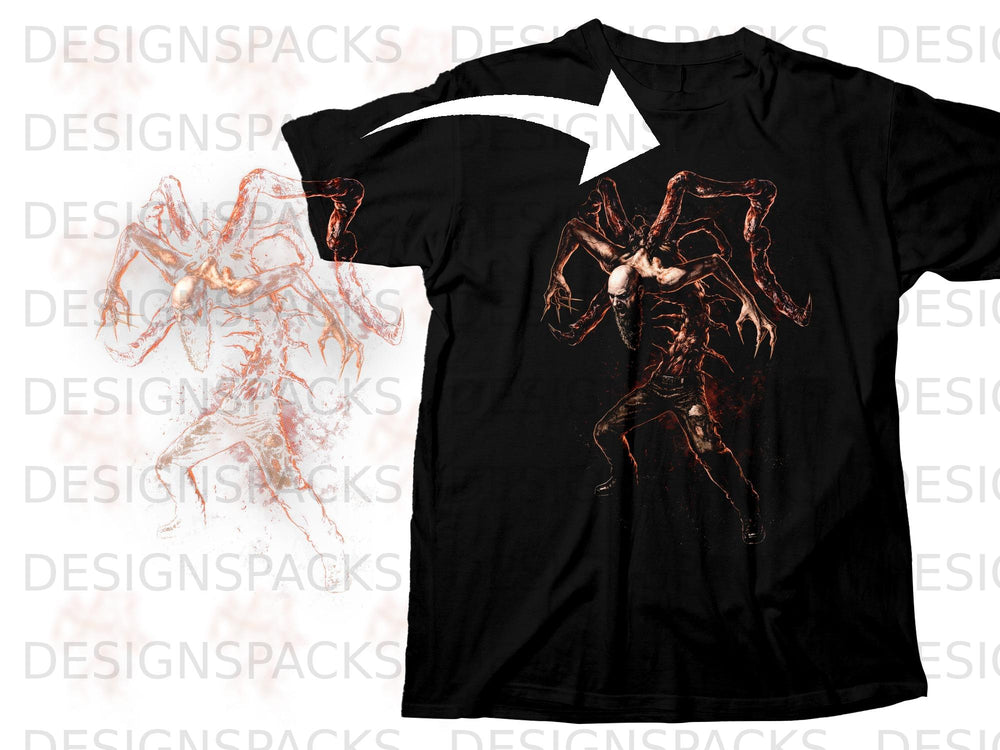 Black t-shirt featuring a graphic of a monstrous spider-like creature.