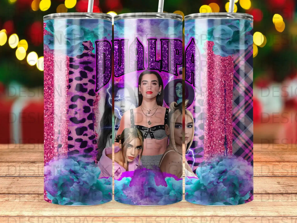 Dua Lipa collage with leopard print and floral accents on tumblers.