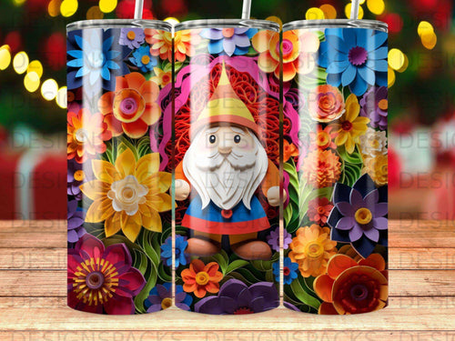 Gnome in colorful floral pattern tumbler with straw.