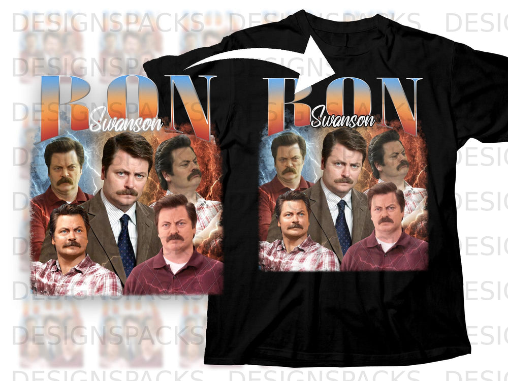 Black t-shirt with "Ron Swanson" graphic featuring multiple portraits of the character.