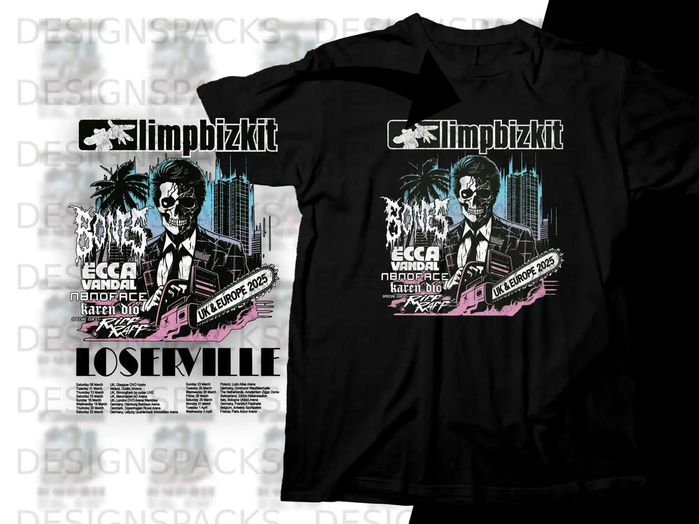 Limp Bizkit "Bones, Decca, Vandal, Nanopace" UK & Europe 2025 tour shirt.