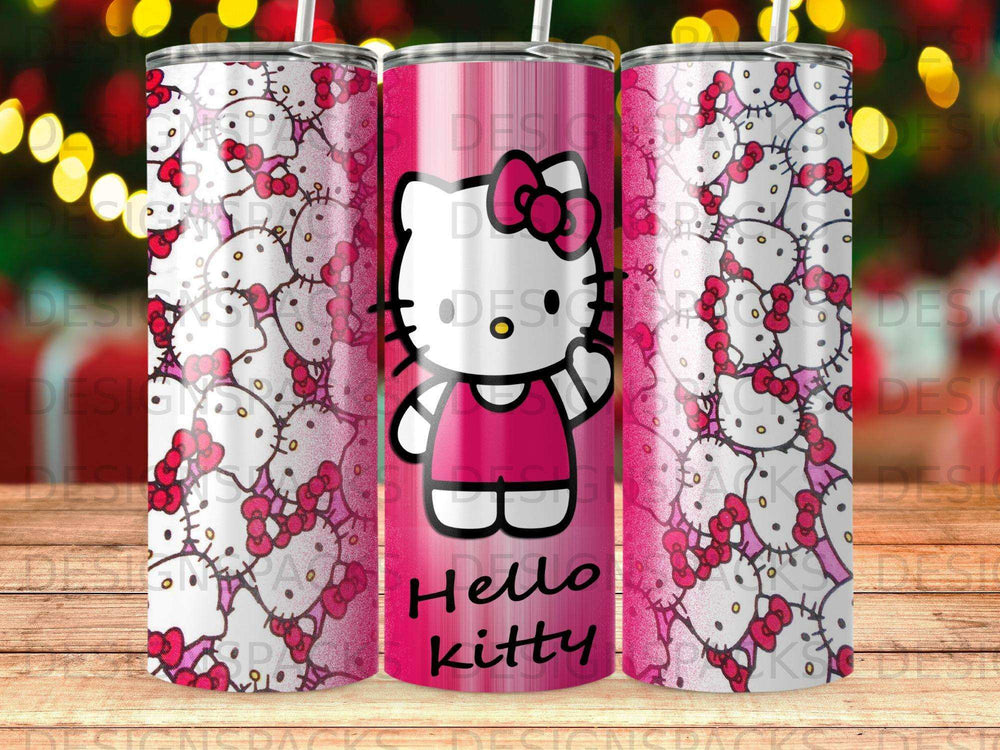 Hello Kitty with pink dress and bow pattern on a tumbler.