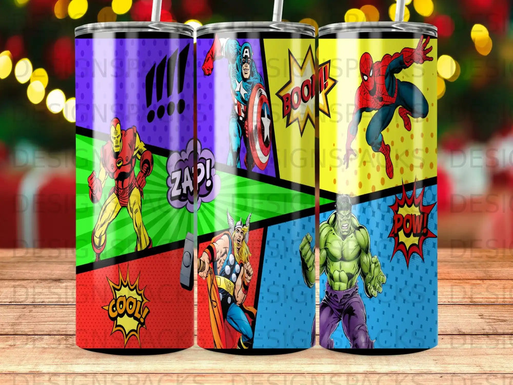 Comic book style tumblers with superheroes Iron Man, Captain America, Thor, and Hulk.