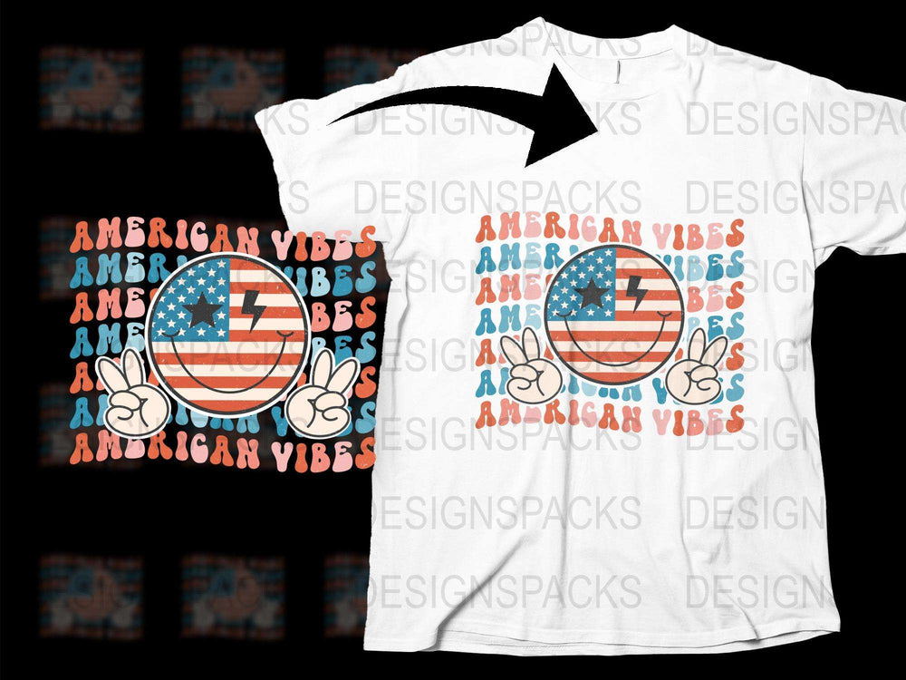 American Vibes Graphic T-Shirt, Patriotic USA Flag Peace Sign, Unisex White Tee for Fourth of July