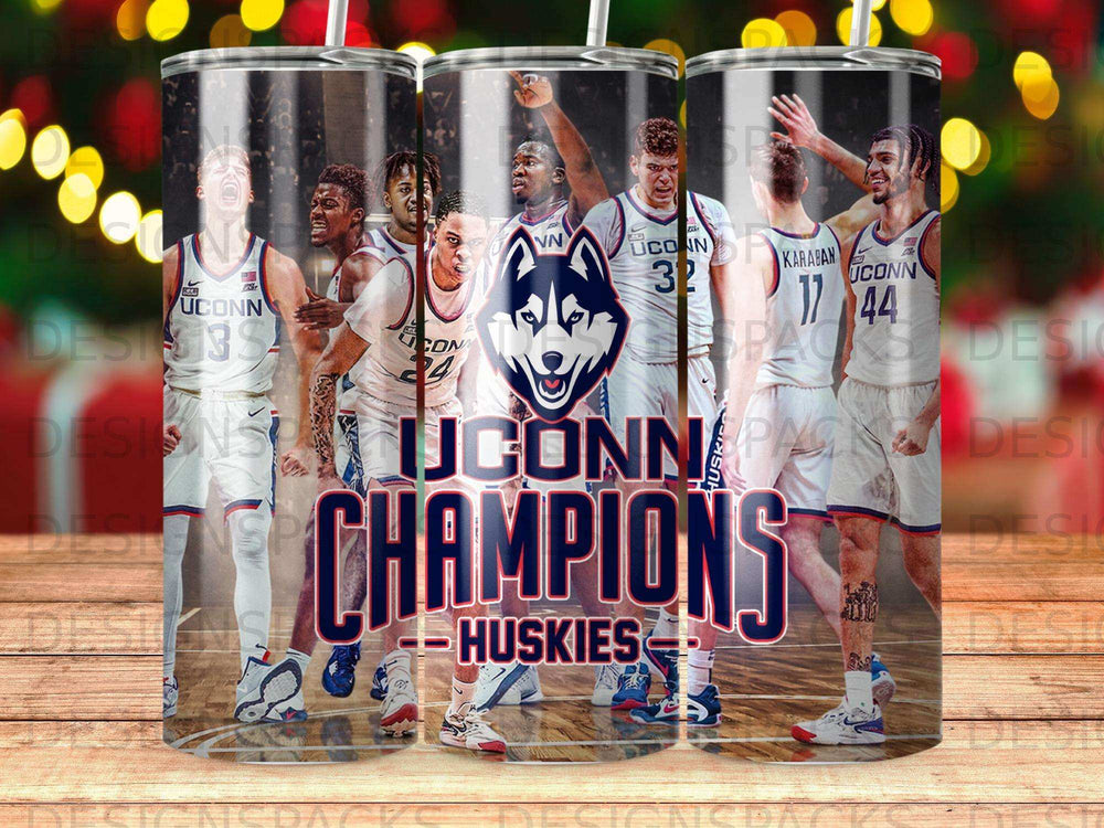 UConn Huskies basketball team in championship uniforms, celebrating with trophy.