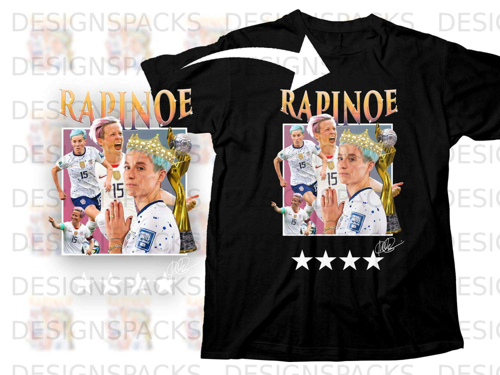 Megan Rapinoe "Rapinoe" text and US flag on a black t-shirt.