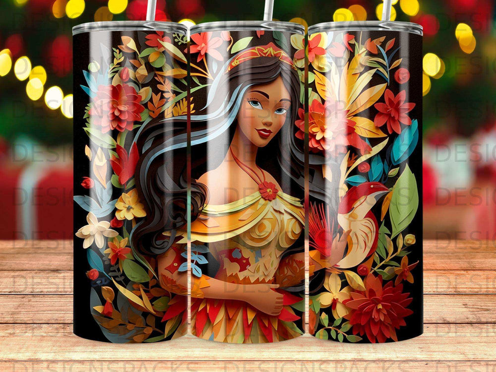 Woman with dark hair and a floral dress holding a bird, surrounded by colorful flowers.