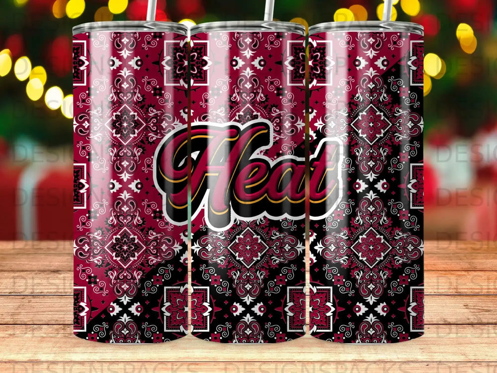 Red and black paisley pattern tumbler with "Heat" text.