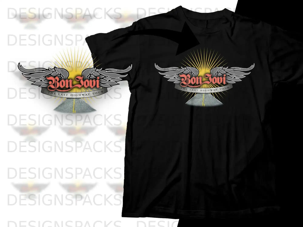 Bon Jovi The Last Highway Tour graphic on a black t-shirt.