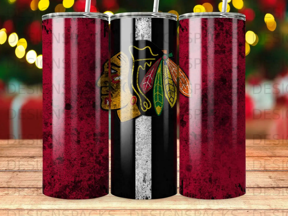 Chicago Blackhawks logo on a textured red and black tumbler.