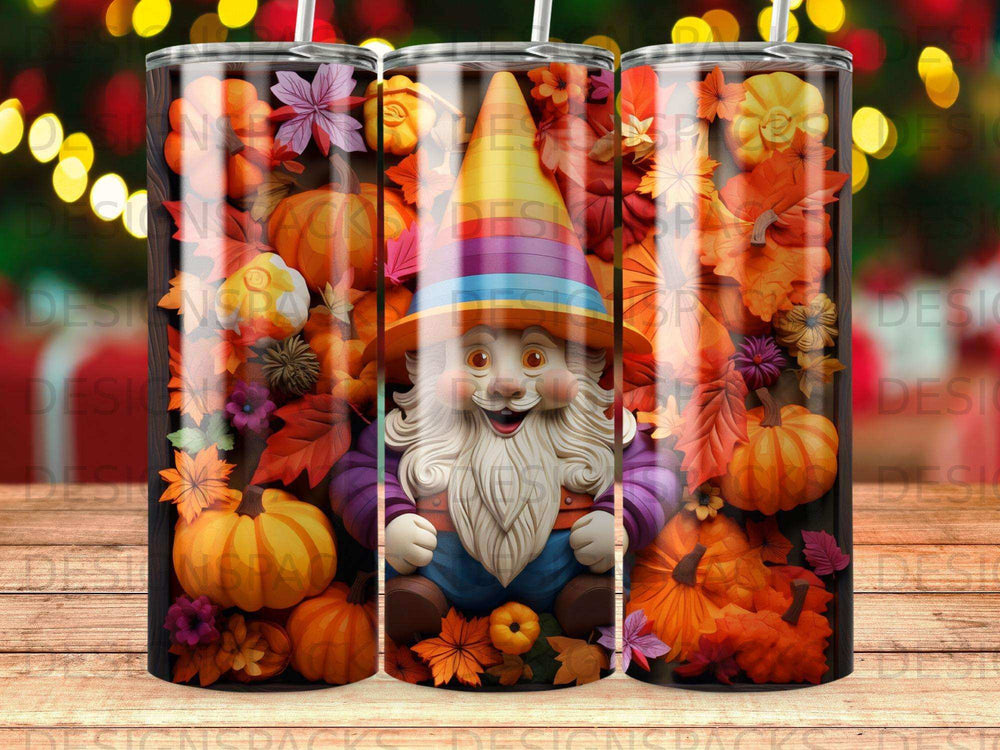 Gnome wearing a colorful hat surrounded by autumn leaves and pumpkins.