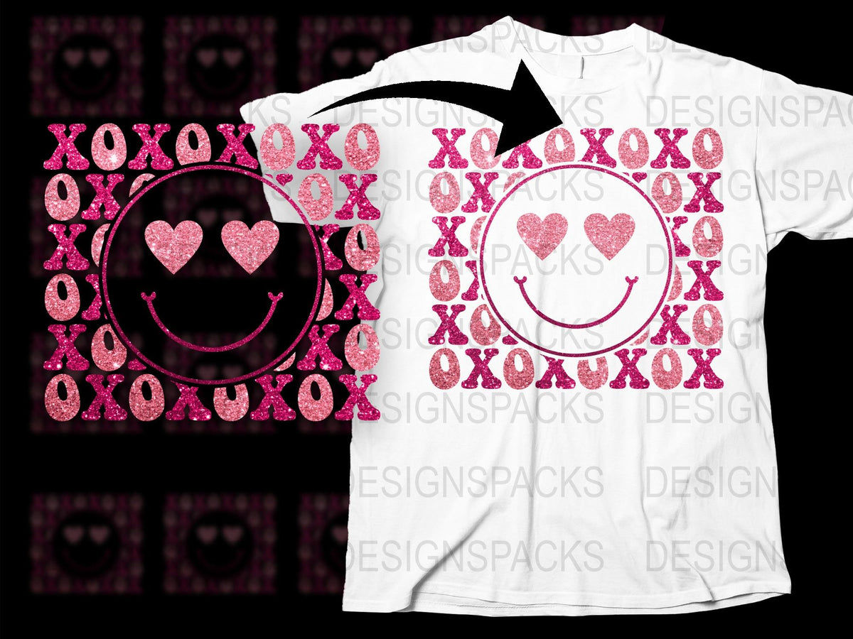Glitter Smiley Face T-Shirt, Pink Sparkle XOXO Hugs Kisses, Fun Graphic Tee, Trendy Love and Joy Shirt for All Ages