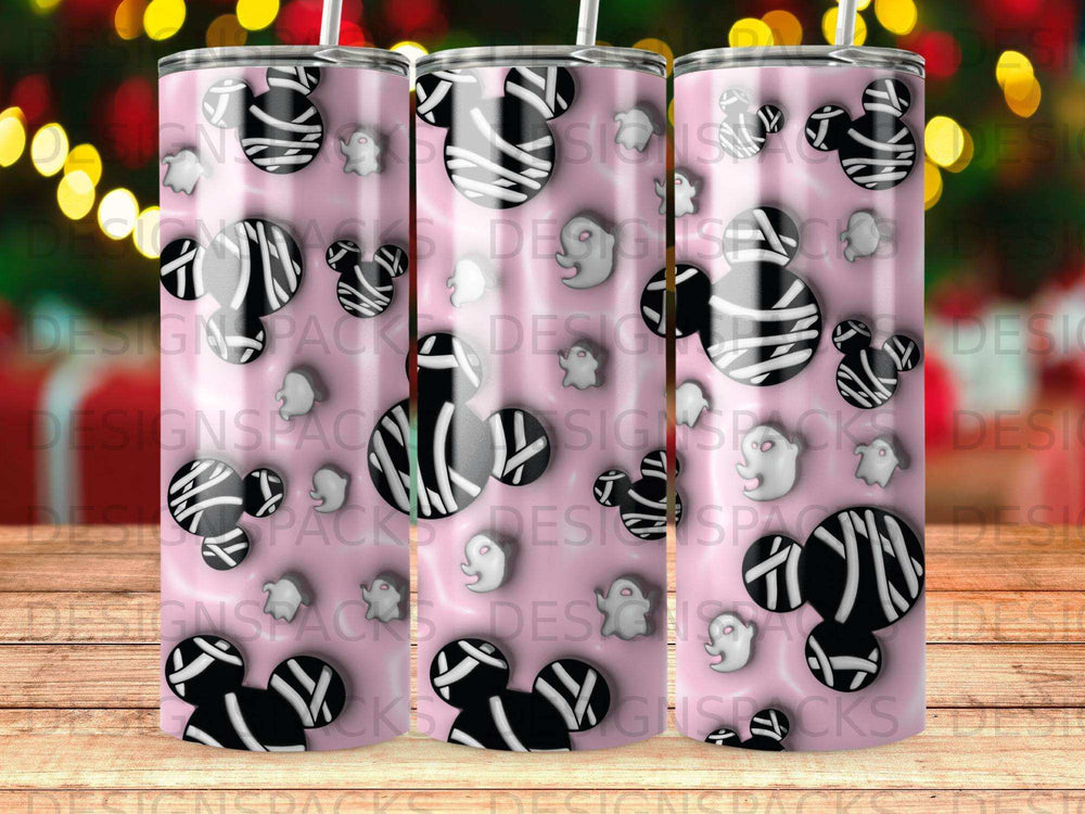Pink tumbler with Mickey Mouse ears pattern and black stripes.