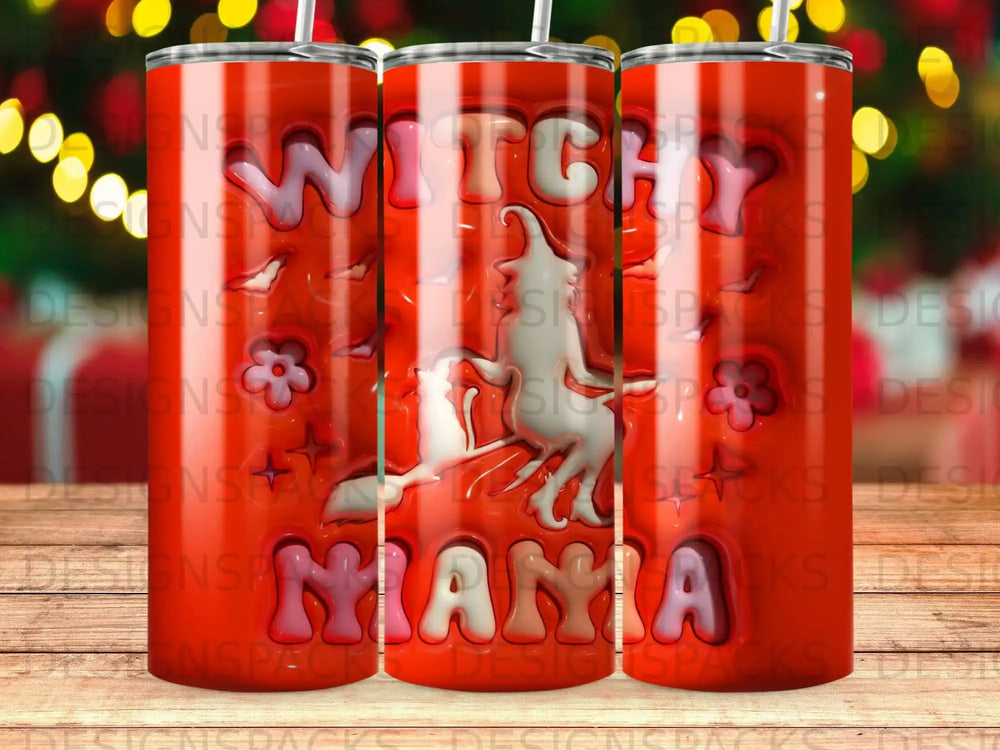 Red tumbler with white witch silhouette and "Witchy Mama" text.