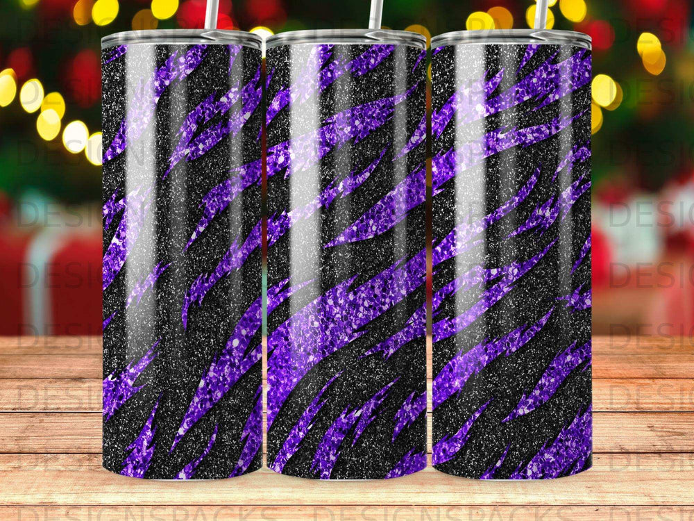 Purple glitter tiger stripes on a black background tumbler.